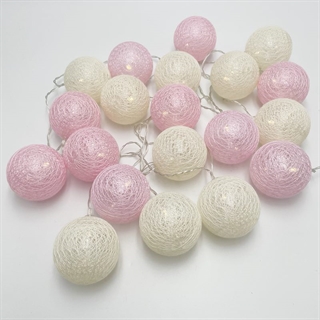 LED lyskæde med bomuldskugler i lyserød og råhvid - 3 m 20 lys